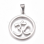 Yoga 304 Stainless Steel Pendants, Ring with Aum/Om Symbol, Stainless Steel Color, 33.5x30x1.5mm, Hole: 10x4.5mm(STAS-I135-24P)