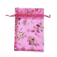 Organza Drawstring Jewelry Pouches, Wedding Party Gift Bags, Rectangle with Gold Stamping Flower Pattern, Fuchsia, 15x10x0.11cm(OP-I001-A08)