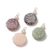 4Pcs 4 Styles Natural Mixed Stone Pendants, Nordic Pagan Pattern Flat Round Charms with Pearl, Natural Green Aventurine & Lapis Lazuli & Amethyst & Rose Quartz, Real 18K Gold Plated, 42x16x6.5mm, Hole: 3.6mm, 1pc/style(PALLOY-JF01950)
