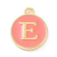 Golden Plated Alloy Enamel Charms, Enamelled Sequins, Flat Round with Alphabet, Letter.E, Hot Pink, 14x12x2mm, Hole: 1.5mm(X-ENAM-Q437-11E)
