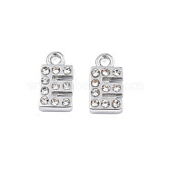 304 Stainless Steel Charms, with Crystal Rhinestone, Letter, Letter.E, 10~10.5x2~8x2mm, Hole: 1.2mm(STAS-N095-137E)