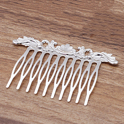 Iron Hair Combs Findings, with Brass Flower, Silver, 75x48x3mm(OHAR-PW0001-396S)