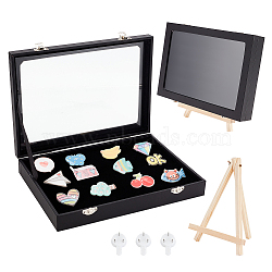Wood Pin Display Case, Badge Presentation Box, with Velvet & PU Leather Cover, Iron Latch Lock, Glass Clear Window, Black, 230x180x32mm(DJEW-WH0038-74)