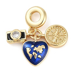 Rack Plating Brass Clear Cubic Zirconia European Dangle Charms, Blue Enamel Travel Large Hole Pendants, Real 18K Gold Plated, Long-Lasting Plated, Cadmium Free & Lead Free, Heart, 26.5mm, Hole: 4.5mm(KK-P287-18C-G)