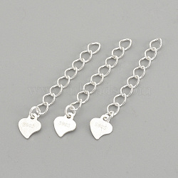 925 Sterling Silver Twisted Extender Chains, with Heart Charms, Carved 925, Silver, 32mm(X-STER-S002-32)