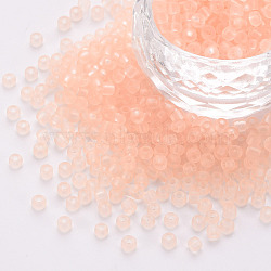 8/0 Transparent Glass Seed Beads, Round Hole, Frosted Colours, Round, PeachPuff, 3~4x2~3mm, Hole: 0.8mm, about 15000pcs/Pound(SEED-S048-H-013)