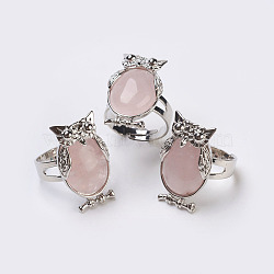 Natural Rose Quartz Adjustable Finger Ring, Wide Band Rings, Owl, Size 8, Platinum, 18mm(RJEW-E154-A09-P)