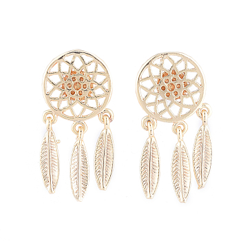 Brass Dangle Stud Earring, with Ear Nuts, Woven Net/Web with Feather, Golden, 25x11.5x1mm, Pin: 0.7mm