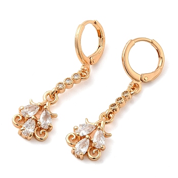 Rack Plating Golden Brass Dangle Leverback Earrings, with Cubic Zirconia, Flower, Clear, 38x10mm