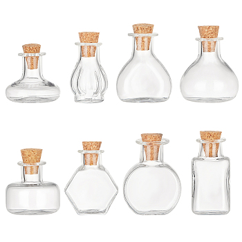 Elite 8Pcs 8 Style Miniature Glass Bottles, with Cork Stoppers, Empty Wishing Bottles, for Dollhouse Accessories, Jewelry Making, Clear, 11~22x11~22x11.5~30mm, 1pc/style