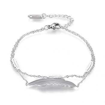 304 Stainless Steel Multi-strand Bracelets, with Cable Chains and Lobster Claw Clasps, Feather, Stainless Steel Color, 6-7/8 inch(17.5cm)