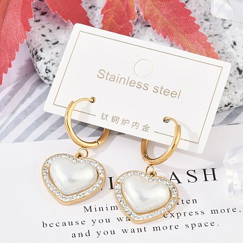 304 Stainless Steel ABS Imitation Pearl Hoop Earrings, Heart, Ion Plating(IP), with Rhinestone, Golden, 35x19mm