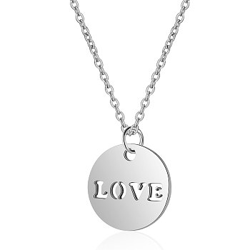 201 Stainless Steel Pendants Necklaces, with Cable Chains, Flat Round with Word LOVE, Stainless Steel Color, 16.3 inch(40cm), 1mm