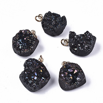 Electroplate Natural Druzy Agate Pendants, with Golden Jump Ring, Dyed, Teardrop, Black, 22x16x15mm, Jump Ring: 6x1mm, Inner Diameter: 3.5mm