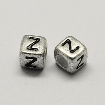 Antique Silver Plated Large Hole Acrylic Letter European Beads, Horizontal Hole, Cube with Letter.Z, 6x6x6mm, Hole: 4mm, about 2950pcs/500g