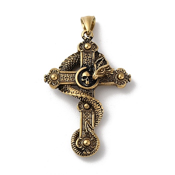 Vacuum Plating 304 Stainless Steel Big Pendants, Cross with Dragon & Skull Charms, Antique Golden, 55x36x12mm, Hole: 9x5mm