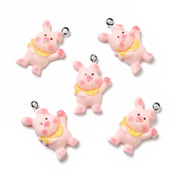 Opaque Resin Pendants, with Platinum Tone Iron Loops, Pig with Yellow Scarf, Pink, 28.5x18x5mm, Hole: 2mm