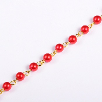 Handmade Round Glass Pearl Beads Chains for Necklaces Bracelets Making, with Golden Iron Eye Pin, Unwelded, Red, 39.3 inch, Bead: 6mm