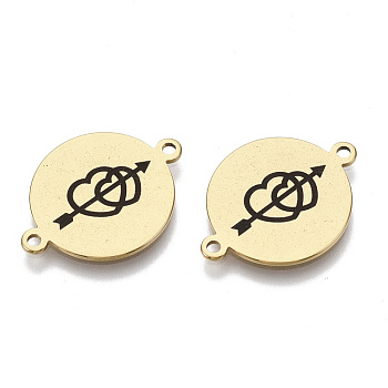 201 Stainless Steel Enamel Links connectors, for Valentine's Day, Flat Round with Arrow and Two Heart, Black, Golden, 16x21x1mm, Hole: 1.4mm