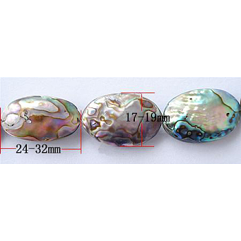 Natural Abalone Shell/Paua Shell Beads, Flat Oval, Colorful, 24~32x14~19x4mm, about 15~16pcs/strand, 15.5 inch