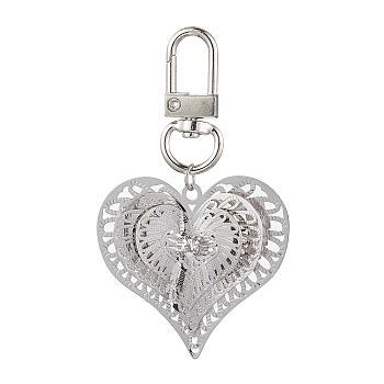 Brass Pendant Decorations, with Alloy Swivel Clasps, Platinum, Heart, 71mm