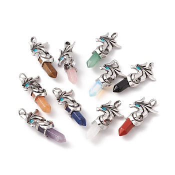 Natural & Synthetic Gemstone and Indicolite Rhinestone Big Pendants, with Antique Silver Tone Alloy Phoenix Findings, Cadmium Free & Lead Free, Faceted Bullet Charm, Mixed Dyed and Undyed, 61x30x16mm, Hole: 6x7mm