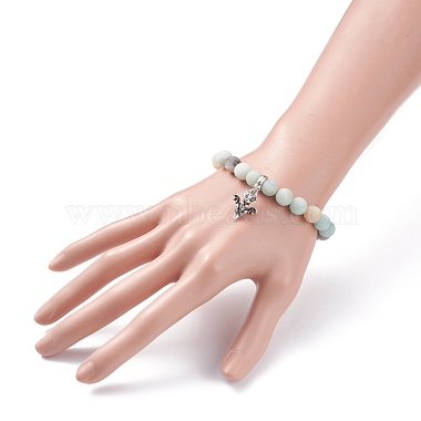 Bracelet extensible perlé rond en amazonite fleur givrée naturelle avec breloque dragon(BJEW-JB07596)-3