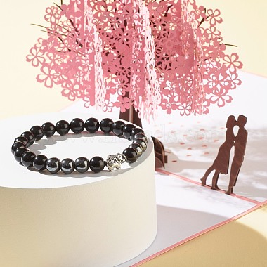 Natural Obsidian & Non-Magnetic Synthetic Hematite Round Beads Stretch Bracelet for Men Women(BJEW-JB06968)-4