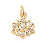 Eco-Friendly Brass Micro Pave Cubic Zirconia Pendants, with Jump Ring, Long-Lasting Plated, Lead Free & Cadmium Free, Lotus, Real 24K Gold Plated, 13x11x2.5mm, Jump Ring: 5x1mm, 3mm inner diameter(KK-M225-07G)