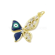 Brass Micro Pave Clear Cubic Zirconia Pendants, with Enamel and Jump Ring, Real 18K Gold Plated, Butterfly, Prussian Blue, 28x20x2.9mm, Hole: 3.4mm(KK-E111-09G)