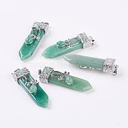 Natural Green Aventurine Big Pendants, with Alloy Findings, Arrow, Platinum, 56~58x16x10mm, Hole: 5x7mm(G-G718-A19)