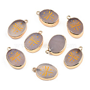 Natural Agate Pendants, with Light Gold Plated Brass Edge & Iorn Loops, Gold Powder, Dyed & Heated, Oval with Dragonfly Charm, Rosy Brown, 23~24x15~16.5x4~6.5mm, Hole: 1.6mm(G-N326-153E)
