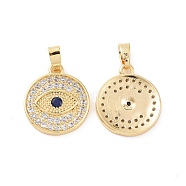 Brass Micro Pave Cubic Zirconia Pendants, Flat Round with Eye, Clear, Real 18K Gold Plated, 16.5x14.5x2mm, Hole: 4.5x2.5mm(KK-E068-VC461)