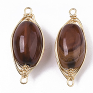 Natural Agate Links Connectors, Wire Wrapped Links, with Light Gold Tone Brass Wires, Dyed, Oval, Saddle Brown, 21~22x9x7~8mm, Hole: 1~1.2mm(G-N326-17B)