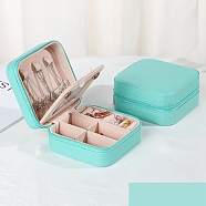 Sqaure PU Leather Jewelry Box, with Mirror, Travel Portable Jewelry Case, Zipper Storage Boxes, for Necklaces, Rings, Earrings and Pendants, Turquoise, 10x10x5cm(PAAG-PW0012-07B)