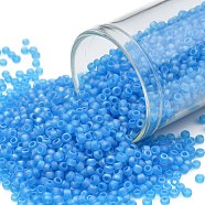TOHO Round Seed Beads, Japanese Seed Beads, (163BF) Transparent AB Frost Dark Aquamarine, 11/0, 2.2mm, Hole: 0.8mm, about 5555pcs/50g(SEED-XTR11-0163BF)