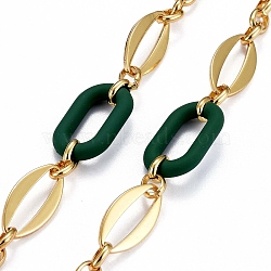 Handmade Brass Oval Link Chains, with Acrylic Linking Rings, Unwelded, Real 18K Gold Plated, Dark Green, Link: 8.5x6.5x2mm and 24x12x2mm, Acrylic: 27.5x16.5x4.5mm. (CHC-H102-16G-D)