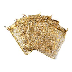Gold Stamping Organza Bags, Drawstring Gift Bags, Rectangle with Rose, Goldenrod, 18.4x13.2x0.02cm, Inner Diameter: 17.5x12.7cm(OP-XCP0001-09)