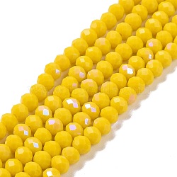 Electroplate Opaque Solid Color Glass Beads Strands, Half Rainbow Plated, Faceted, Rondelle, Yellow, 2.5x1.5mm, Hole: 0.4mm, about 195pcs/strand, 11 inch(27.5cm)(EGLA-A034-P1mm-L02)