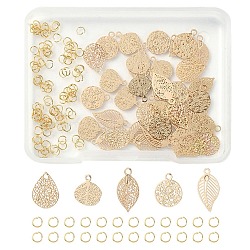 50Pcs Rack Plating Brass Filigree Charms, Long-Lasting Plated, with 100Pcs 304 Stainless Steel Jump Rings, Leaf/Flat Round, Light Gold, 12.5x6.5x0.4mm, Hole: 1mm(KKC-YW0001-01)