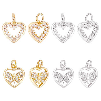 Nbeads 8Pcs 2 Style Brass Micro Pave Cubic Zirconia Pendants, with Jump Rings, Long-Lasting Plated, Cadmium Free & Lead Free, Heart, Real Gold Plated & Real Platinum Plated, 10~11x10~11x1.5mm, hole: 2.6~3.6mm, 2 style, 8pcs