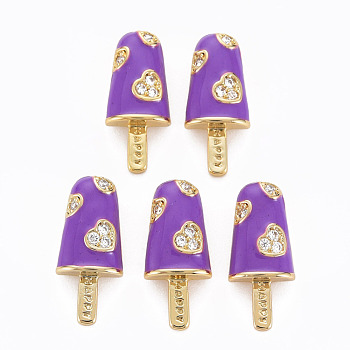 Brass Micro Pave Clear Cubic Zirconia Pendants, with Enamel, Cadmium Free & Nickel Free & Lead Free, Real 16K Gold Plated, Ice Cream with Word Happy, Blue Violet, 20x8.5x3.5mm, Hole: 3.5x2mm
