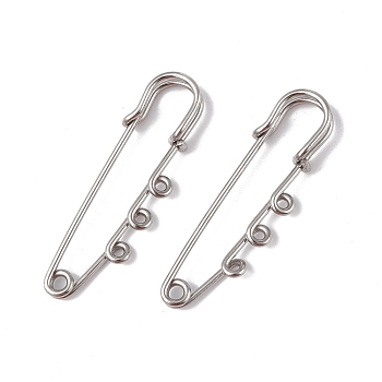 304 Stainless Steel Safety Pins Brooch Findings, Kilt Pins with Triple Loops for Lapel Pin Making, Stainless Steel Color, 51x16x7mm, Hole: 1.8mm, pin: 1.3mm