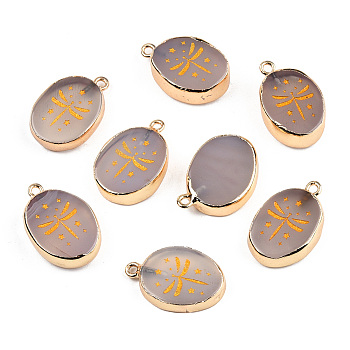 Natural Agate Pendants, with Light Gold Plated Brass Edge & Iorn Loops, Gold Powder, Dyed & Heated, Oval with Dragonfly Charm, Rosy Brown, 23~24x15~16.5x4~6.5mm, Hole: 1.6mm