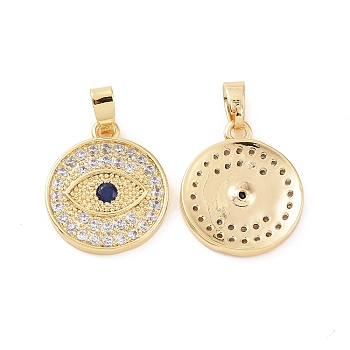 Brass Micro Pave Cubic Zirconia Pendants, Flat Round with Eye, Clear, Real 18K Gold Plated, 16.5x14.5x2mm, Hole: 4.5x2.5mm