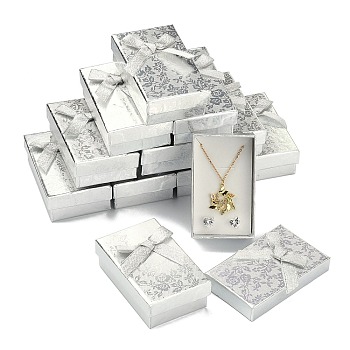 Rectangle Cardboard Jewelry Set Boxes, 2 Slots, with Bowknot Outside and Sponge Inside, for Rings and Earrings, Silver, 83x53x27mm