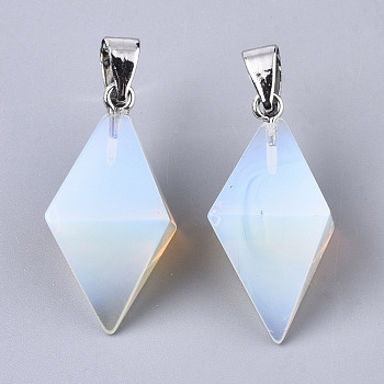 Opalite Double Terminated Pointed Pendants, with Platinum Plated Iron Pinch Bail, Bicone, 27~30x19~20x19~20mm, Hole: 7x4mm