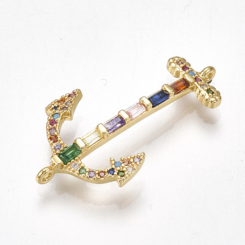Brass Cubic Zirconia Links, Anchor, Colorful, Golden, 29x17x4.5mm, Hole: 0.8mm