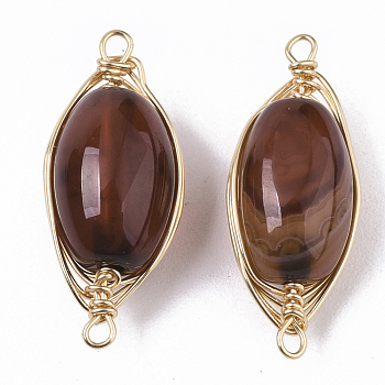 Natural Agate Links Connectors, Wire Wrapped Links, with Light Gold Tone Brass Wires, Dyed, Oval, Saddle Brown, 21~22x9x7~8mm, Hole: 1~1.2mm