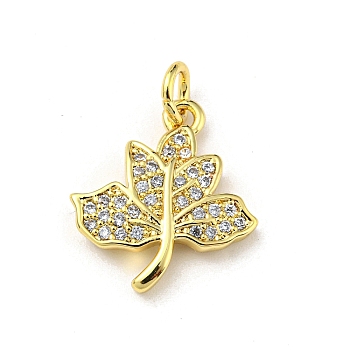Brass with Cubic Zirconia Pendant, Leaf, Real 16K Gold Plated, 16.5x14.5x2.3mm